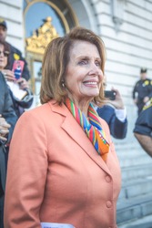 SAN FRANCISCO - JANUARY 15 2017:Nancy Pelosi, Democratic minority leader of the House of Representatives speaks to constituents after Healthcare rally at San Francisco city hall.