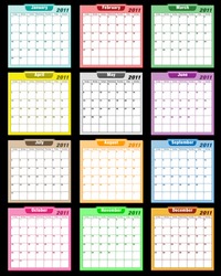 Calendar 2011 in assorted colors with large date boxes. Each month a different color. Raster also available.