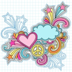 Hand-Drawn Psychedelic Groovy Heart, Clouds, and Peace Sign Notebook Doodles on Graph (Grid) Sketchbook Paper Background- Vector Illustration