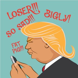JANUARY 20, 2017: Illustrative editorial cartoon of Donald Trump using social media to comment. EPS 10 vector.