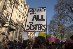 London, United KIngdom - January 21st, 2017: London Women's March. A protest march in London in solidarity with the women's march in Washington DC showed the liberal people speaking out.