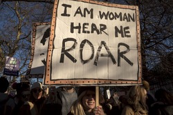 London, United KIngdom - January 21st, 2017: London Women's March. A protest march in London in solidarity with the women's march in Washington DC showed the liberal people speaking out.