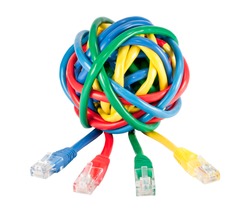 Ball of Brightly Multi Colored Network Cables and Plugs Isolated on White Background. Ball of of coloured RJ45 Wires