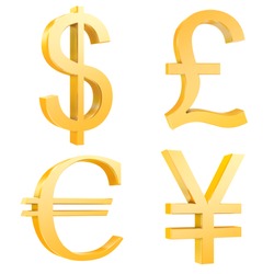 gold dollar,pound,euro,yuan signs isolated on a white background.3d render.also with clipping paths.