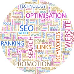 SEO. Word collage on white background. Illustration with different association terms.