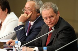 MOSCOW - JULY 8: Minister of Regional development of the Russia, President of 15th Conference of the Council of Europe Mr. Viktor Basargin (R), July 8, 2010 in Moscow, Russia.