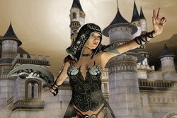 A digital render of a woman commanding halt with a medieval castle in the background.