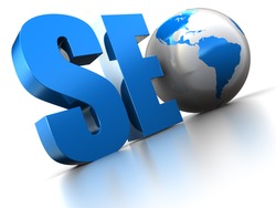 3d illustration of text 'SEO' with earth globe, search engine optimization symbol