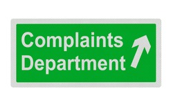 Photo realistic metallic reflective 'complaints department' sign, isolated on a pure white background