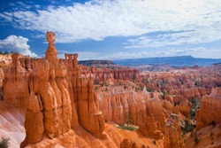 Great spires carved away by erosion in Bryce Canyon National Park, Utah, USA. The largest spire is called Thor's Hammer.