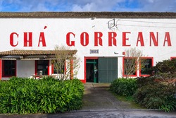 SAO MIGUEL ISLAND, AZORES, PORTUGAL - JANUARY 26, 2017: Facade of building of Gorreana tea factory (Cha Gorreana). The oldest, and currently only, tea plantation in European region.