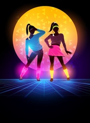 Women dressed up 1980's fashion. Retro dance background design. Vector illustration