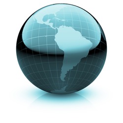 Shiny globe marble with highly detailed continents and geographical grid facing South America