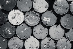 Steel barrel tank or oil fuel toxic chemical barrels old Rusty Danger black and white color tone.