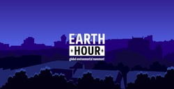 Earth Hour Movement Illustration. Horizontal wide banner of dark city view. Vector template for card or poster. The aim of the company is to prevent climate change and protect the planet