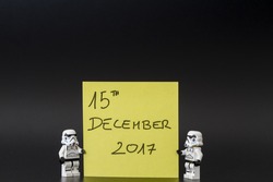 Orvieto, Italy - March 05th 2017: Pair of Star Wars Lego Stormtroopers with memo reminder of the release date of the new film.