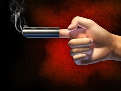 Hand in a typical gun gesture, shooting from its index finger. Digital illustration, clipping path allows to separate hand from background.