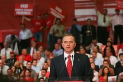 Bucharest, Romania, October 2, 2009: Politician Mircea Geoana participates to the presidential campaign rally of Romanian Social Democrat Party in Bucharest.