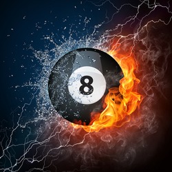 Billiard ball in fire and water. Illustration of the billiard ball enveloped in elements on black background. High resolution billiard ball in fire and water image for a billiard game poster.