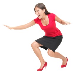 Woman in red having fun surfing / doing surf move. Casual funny young Asian / Caucasian businesswoman isolated on white background.