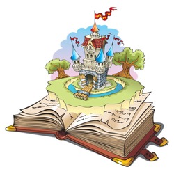 Magic world of tales, fairy castle appearing from the old book, cartoon vector illustration