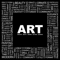 ART. Word collage on black background. Illustration with different association terms.