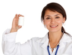 Female doctor holding a medical sample in a cup - isolated over a white background