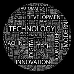 TECHNOLOGY. Word collage on black background. Illustration with different association terms.