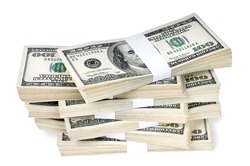 Huge stack of prop money. Bundled in $10000 dollar stacks. Isolated on white.