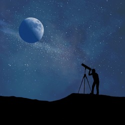 Silhouette of person looking at a stylized digitally created night sky through a stylized digitally created telescope