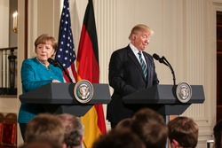 Washington, DC – March 17, 2017: German Chancellor Angela Merkel and US President Donald Trump hold a joint press conference at the White House after their first in-person meeting.