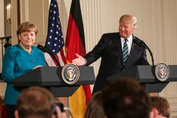 Washington, DC – March 17, 2017: German Chancellor Angela Merkel and US President Donald Trump hold a joint press conference at the White House after their first in-person meeting.