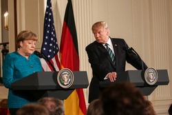Washington, DC – March 17, 2017: German Chancellor Angela Merkel and US President Donald Trump hold a joint press conference at the White House after their first in-person meeting.