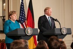 Washington, DC – March 17, 2017: German Chancellor Angela Merkel and US President Donald Trump hold a joint press conference at the White House after their first in-person meeting.