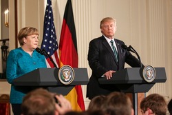 Washington, DC – March 17, 2017: German Chancellor Angela Merkel and US President Donald Trump hold a joint press conference at the White House after their first in-person meeting.