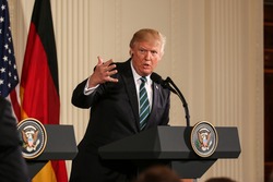 Washington, DC – March 17, 2017: US President Donald Trump hold a joint press conference with German Chancellor Angela Merkel at the White House after their first in-person meeting.