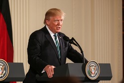 Washington, DC – March 17, 2017: US President Donald Trump hold a joint press conference with German Chancellor Angela Merkel at the White House after their first in-person meeting.
