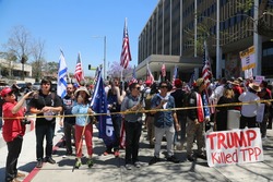 LOS ANGELES California- May 1, 2017: Los Angeles Police separate both Protesters and Supporters of President Trump at a May Day Protest Rally on May 1, 2017 in Los Angeles, California.