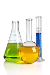 Laboratory glassware with reflections on table isolated over white background - With clipping path on glass