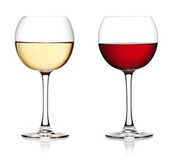 Glass of red and white wine on a white background and with soft shadow. The file includes a clipping path.