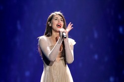 KYIV, UKRAINE - MAY 12, 2017: Demy the representative of Greece at ESC (EUROVISION) acts on the main stage during Grand Final Dress Rehearsal 1