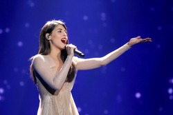 KYIV, UKRAINE - MAY 12, 2017: Demy the representative of Greece at ESC (EUROVISION) acts on the main stage during Grand Final Dress Rehearsal 1