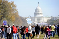 WASHINGTON - OCTOBER 30: Participants gather at the Rally to Restore Sanity and/or Fear on the National Mall on October 30, 2010 in Washington.
