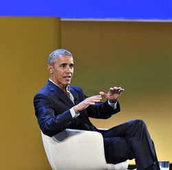 MILAN, ITALY-MAY 09, 2017: former 44th USA president Barack Obama speacks at the international food meeting "Seeds and Chips", in Milan.
