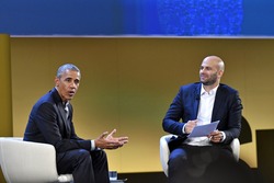 MILAN, ITALY-MAY 09, 2017: former 44th USA president Barack Obama speacks at the international food meeting "Seeds and Chips", in Milan.