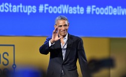 MILAN, ITALY-MAY 09, 2017: former 44th USA president Barack Obama speacks at the international food meeting "Seeds and Chips", in Milan.
