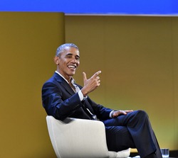 MILAN, ITALY-MAY 09, 2017: former 44th USA president Barack Obama speacks at the international food meeting "Seeds and Chips", in Milan.
