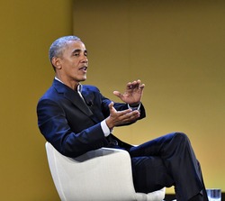 MILAN, ITALY-MAY 09, 2017: former 44th USA president Barack Obama speacks at the international food meeting "Seeds and Chips", in Milan.