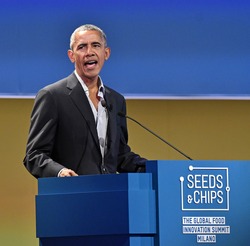 MILAN, ITALY-MAY 09, 2017: former 44th USA president Barack Obama speacks at the international food meeting "Seeds and Chips", in Milan.