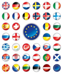 Glossy button flags - Europe. 38 icons. Original size of EU flag in down right corner. JPEG version.
